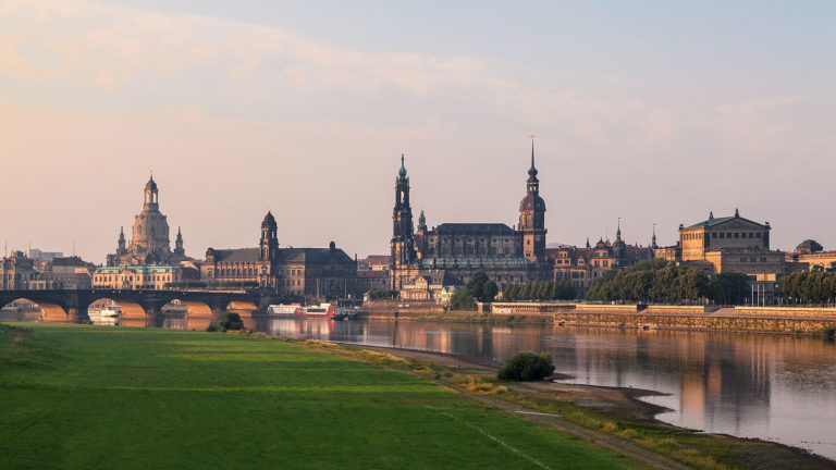 Panorama of the city Dresden in Germany featuring the Frauenkirche, Residenzschloss and Semperoper