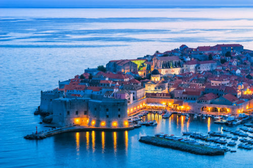 Dubrovnik, Croatia - Elevated View of the Old Town at Night