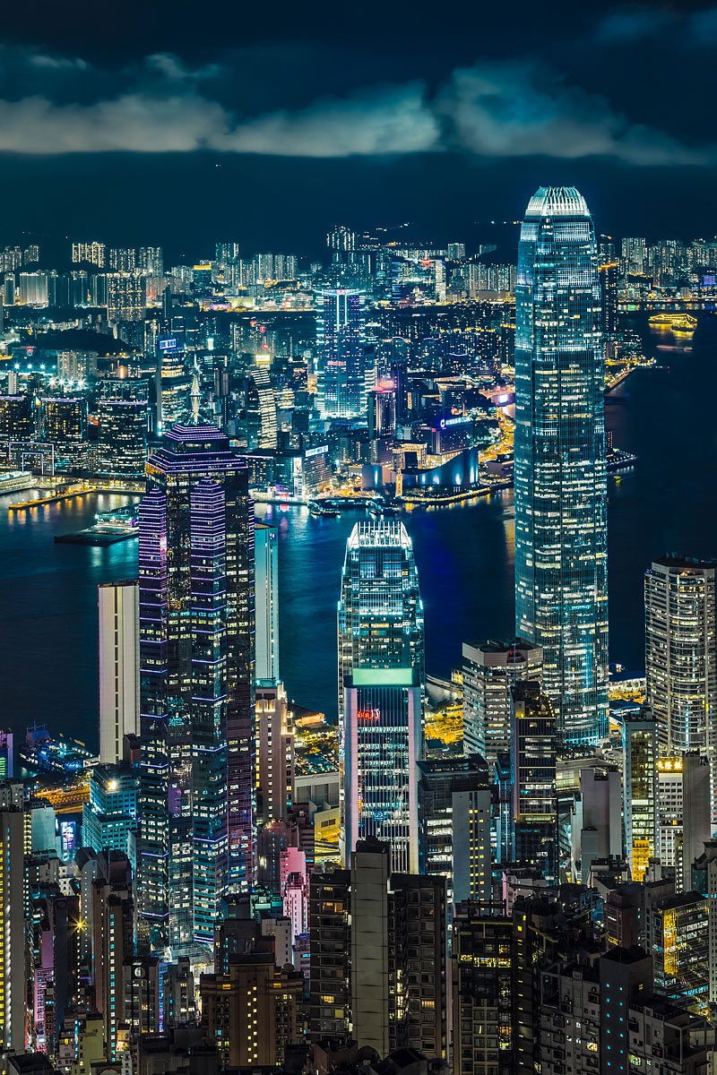 Nighttime View from Victoria Peak with the Skyscrapers of Hong Kong Island and the Lights of Kowloon