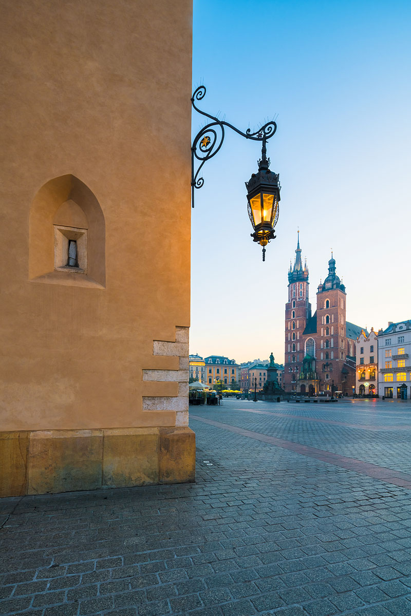 Cracow (Kraków), Poland - The Main Square with St Mary's Basilica at Dawn