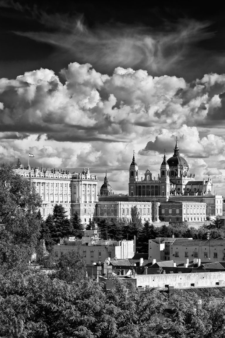 Madrid Skyline with the Almudena Cathedral and the Royal Palace, Spain