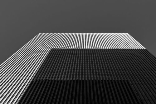 Upward view of a skyscraper in New York City.