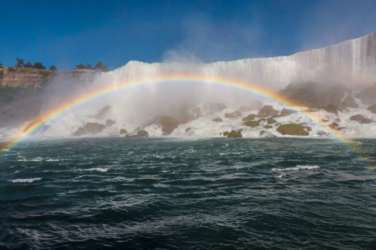 As sunlight reflects off the mist created by the Falls, visitors standing at the right angle can observe beautiful rainbows. The American Falls is one of the waterfalls that together are known as Niagara Falls. It is much smaller than the Canadian Falls, a.k.a. the Horseshoe Falls.