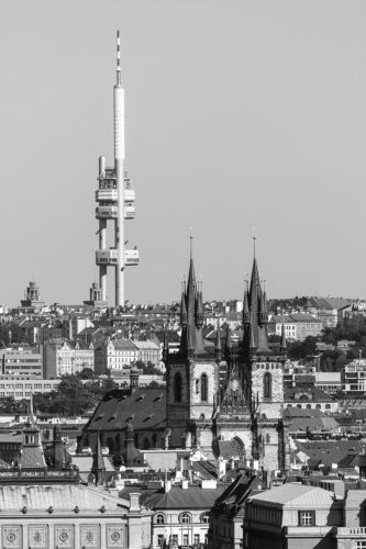 Black and White Cityscape of Prague with the Žižkov TV Tower