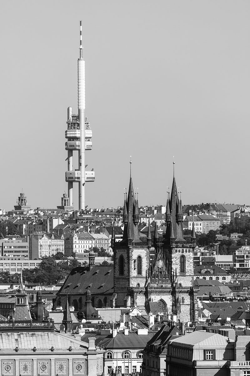 Black and White Cityscape of Prague with the Žižkov TV Tower