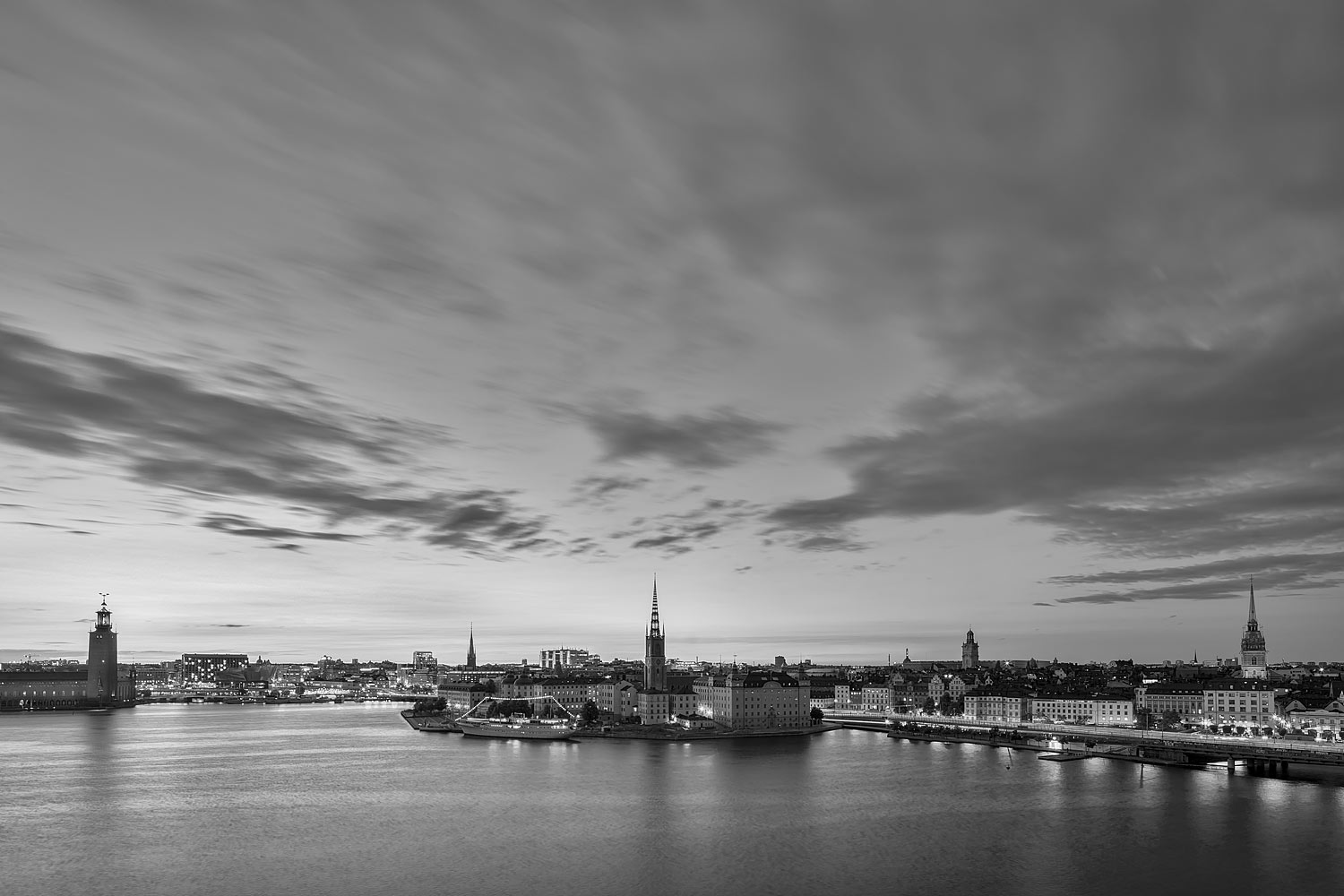 Stockholm, Sweden - Evening Panorama of the City in Black and White