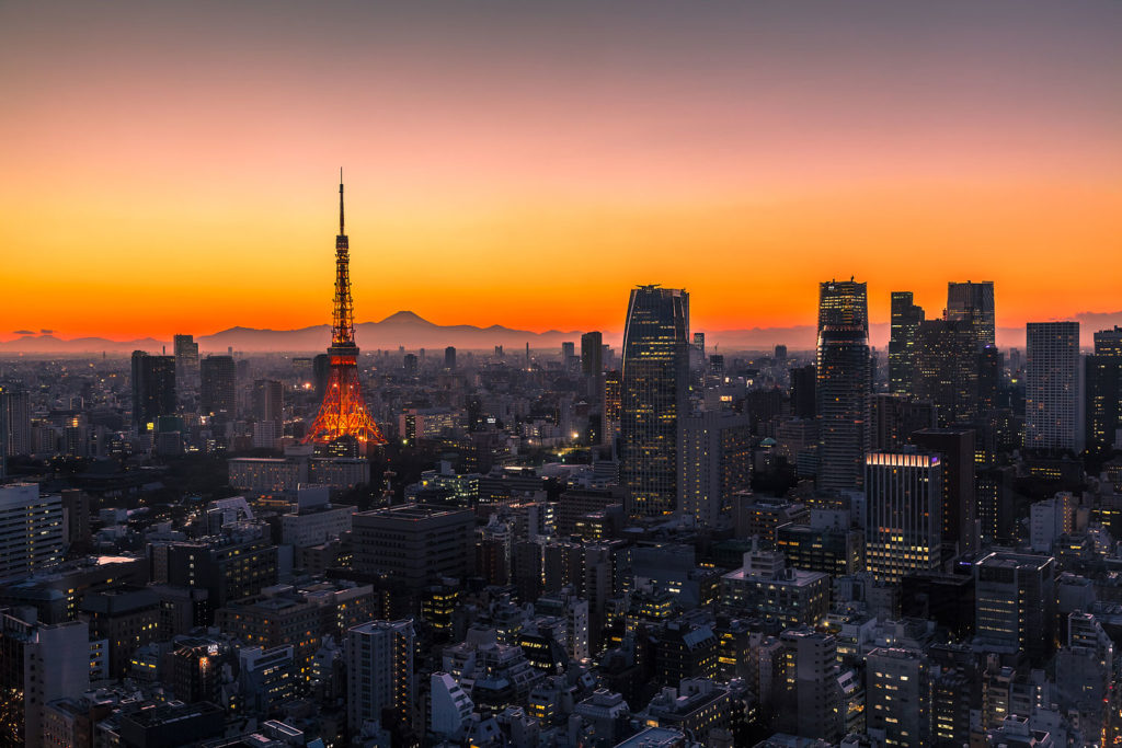 Tokyo Skyline featuring the Tokyo Tower and Mount Fuji