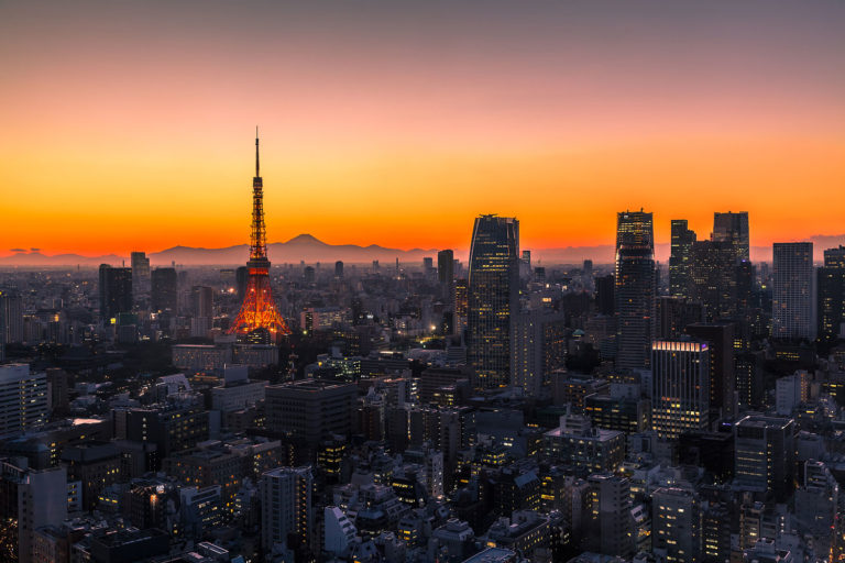 Tokyo Skyline featuring the Tokyo Tower and Mount Fuji