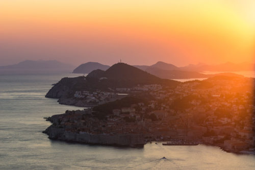 Elevated View of Dubrovnik at Sunset, Croatia.The walled city of Dubrovnik is a UNESCO World Heritage Site and one of Croatia's greatest tourist attractions.