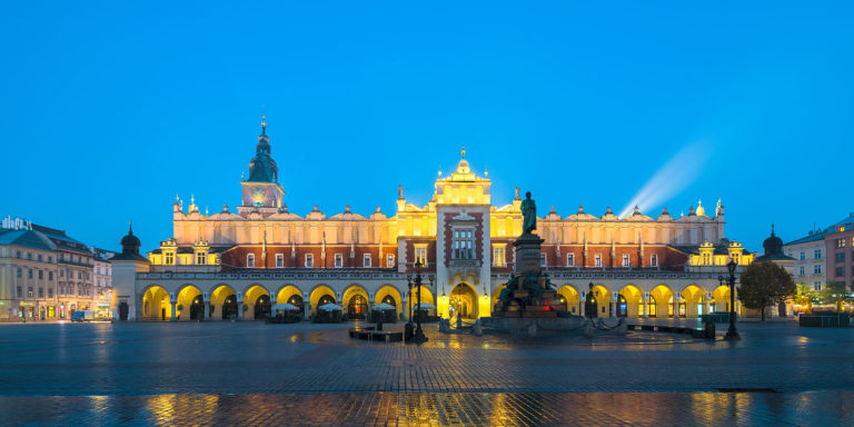 Cracow (Kraków), Poland - Main Square with the Cloth Hall (Sukiennice) at Night
