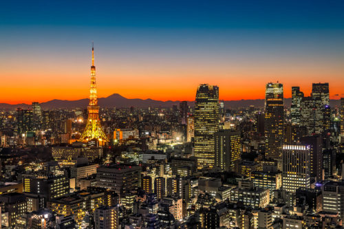 Panorama of Tokyo at Sunset with Mt. Fuji on the Horizon