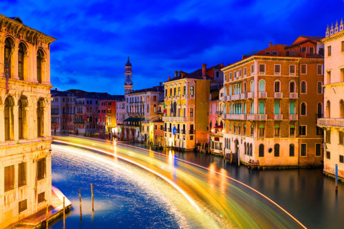 The Grand Canal in Venice with Light Trails of a Vaporetto Vessel, Italy