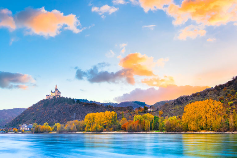 The Rhine River and Marksburg Castle in Autumn, Germany