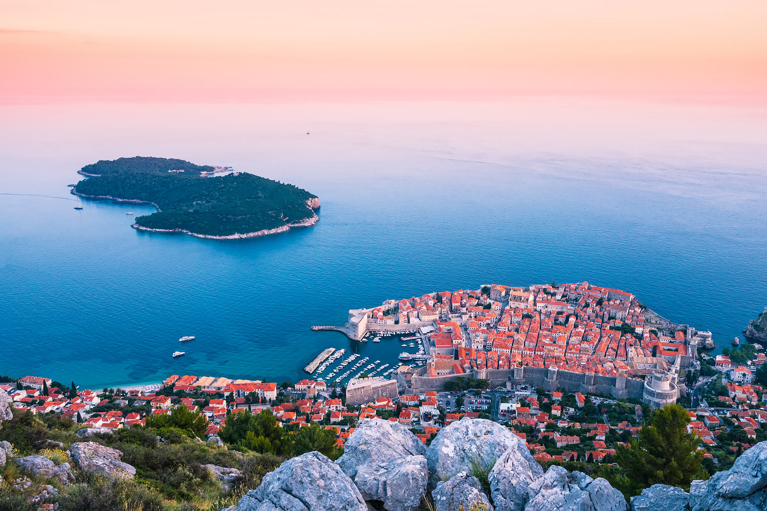 Dubrovnik, Croatia - Elevated View of the Old Town and Lokrum Island at Twilight